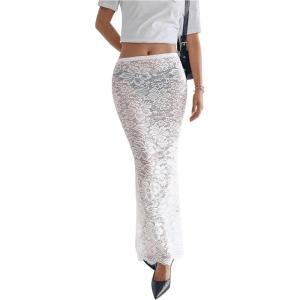 imageMakeMeChic Womens Floral Lace Sheer Maxi Skirt Bodycon Party Long SkirtsWhite