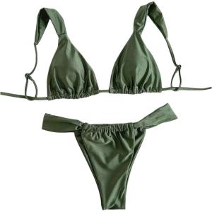 imageMakeMeChic Womens Floral Print 2 Piece Bikini Sets Tie Back Triangle Thong Bathing Suit SwimsuitArmy Green