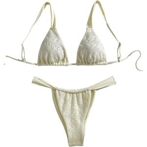 imageMakeMeChic Womens Floral Print 2 Piece Bikini Sets Tie Back Triangle Thong Bathing Suit SwimsuitBeige