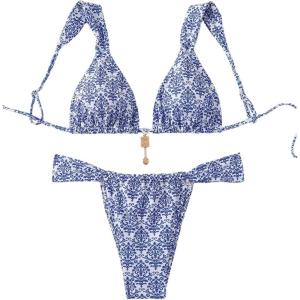 imageMakeMeChic Womens Floral Print 2 Piece Bikini Sets Tie Back Triangle Thong Bathing Suit SwimsuitBlue Floral