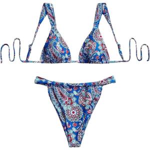 imageMakeMeChic Womens Floral Print 2 Piece Bikini Sets Tie Back Triangle Thong Bathing Suit SwimsuitBlue Printed