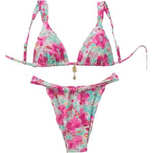 imageMakeMeChic Womens Floral Print 2 Piece Bikini Sets Tie Back Triangle Thong Bathing Suit SwimsuitBlue and Pink