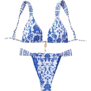 imageMakeMeChic Womens Floral Print 2 Piece Bikini Sets Tie Back Triangle Thong Bathing Suit SwimsuitBlue and White