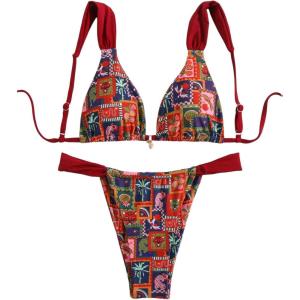 imageMakeMeChic Womens Floral Print 2 Piece Bikini Sets Tie Back Triangle Thong Bathing Suit SwimsuitDark Red a