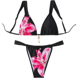 imageMakeMeChic Womens Floral Print 2 Piece Bikini Sets Tie Back Triangle Thong Bathing Suit SwimsuitFloral Black