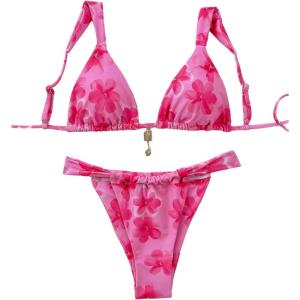 imageMakeMeChic Womens Floral Print 2 Piece Bikini Sets Tie Back Triangle Thong Bathing Suit SwimsuitFloral Pink Multi
