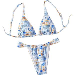 imageMakeMeChic Womens Floral Print 2 Piece Bikini Sets Tie Back Triangle Thong Bathing Suit SwimsuitGraphic Multi