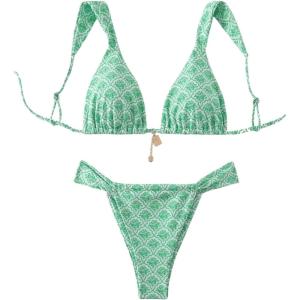 imageMakeMeChic Womens Floral Print 2 Piece Bikini Sets Tie Back Triangle Thong Bathing Suit SwimsuitGreen Multi