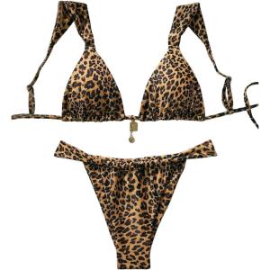 imageMakeMeChic Womens Floral Print 2 Piece Bikini Sets Tie Back Triangle Thong Bathing Suit SwimsuitLeopard Multi B
