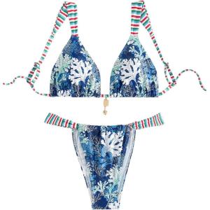 imageMakeMeChic Womens Floral Print 2 Piece Bikini Sets Tie Back Triangle Thong Bathing Suit SwimsuitLight Blue Multi