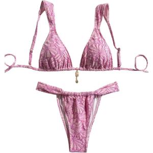 imageMakeMeChic Womens Floral Print 2 Piece Bikini Sets Tie Back Triangle Thong Bathing Suit SwimsuitLilac Purple