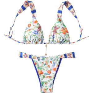 imageMakeMeChic Womens Floral Print 2 Piece Bikini Sets Tie Back Triangle Thong Bathing Suit SwimsuitMulticolor