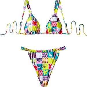 imageMakeMeChic Womens Floral Print 2 Piece Bikini Sets Tie Back Triangle Thong Bathing Suit SwimsuitMulticolor D