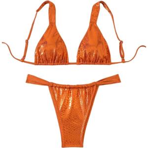 imageMakeMeChic Womens Floral Print 2 Piece Bikini Sets Tie Back Triangle Thong Bathing Suit SwimsuitOrange