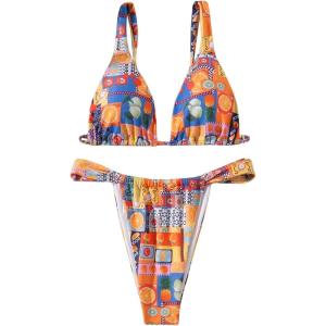 imageMakeMeChic Womens Floral Print 2 Piece Bikini Sets Tie Back Triangle Thong Bathing Suit SwimsuitOrange Multi