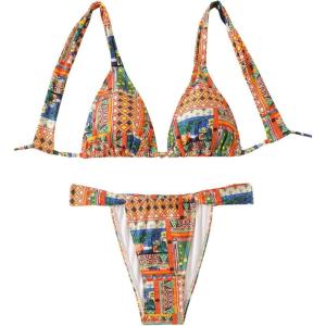 imageMakeMeChic Womens Floral Print 2 Piece Bikini Sets Tie Back Triangle Thong Bathing Suit SwimsuitOrange and Blue