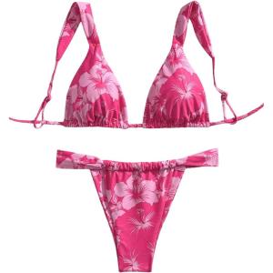 imageMakeMeChic Womens Floral Print 2 Piece Bikini Sets Tie Back Triangle Thong Bathing Suit SwimsuitPink Floral