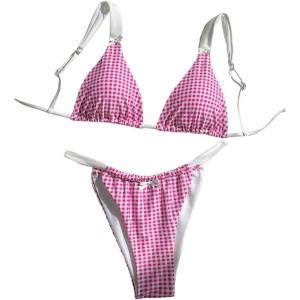 imageMakeMeChic Womens Floral Print 2 Piece Bikini Sets Tie Back Triangle Thong Bathing Suit SwimsuitPink Gingham