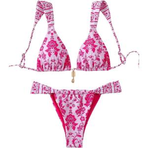 imageMakeMeChic Womens Floral Print 2 Piece Bikini Sets Tie Back Triangle Thong Bathing Suit SwimsuitPink a