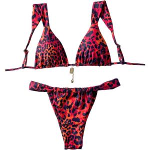 imageMakeMeChic Womens Floral Print 2 Piece Bikini Sets Tie Back Triangle Thong Bathing Suit SwimsuitRed Leopard