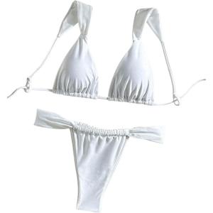imageMakeMeChic Womens Floral Print 2 Piece Bikini Sets Tie Back Triangle Thong Bathing Suit SwimsuitSolid White