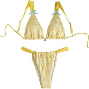 imageMakeMeChic Womens Floral Print 2 Piece Bikini Sets Tie Back Triangle Thong Bathing Suit SwimsuitYellow Floral