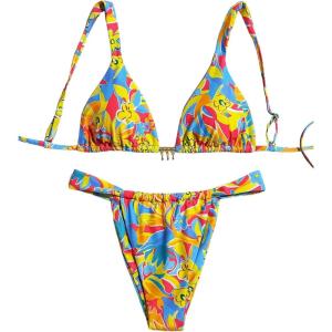 imageMakeMeChic Womens Floral Print 2 Piece Bikini Sets Tie Back Triangle Thong Bathing Suit SwimsuitYellow and Blue