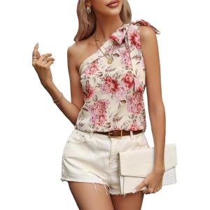 imageMakeMeChic Womens Floral Print One Shoulder Blouse Shirts Casual Knot Sleeveless Blouse TopsBeige