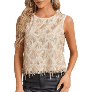imageMakeMeChic Womens Glitter Sequin Fringe Tank Top Crew Neck Sleeveless ShirtChampagne