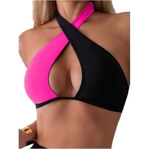 imageMakeMeChic Womens Halter Bikini Tops Criss Cross Cut Out Tie Backless Summer Swim TopPink and Black