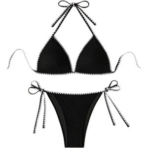 imageMakeMeChic Womens Halter Tie Side Triangle High Cut Bikini Set Bathing Suit SwimsuitBlack Solid