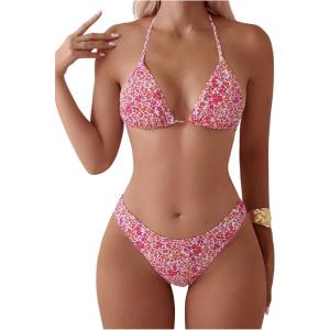 imageMakeMeChic Womens Halter Tie Side Triangle High Cut Bikini Set Bathing Suit SwimsuitDitsy Floral Multicolor