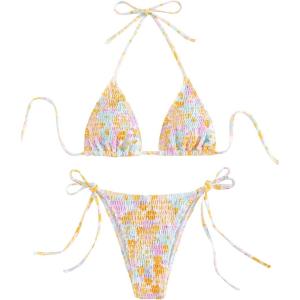 imageMakeMeChic Womens Halter Tie Side Triangle High Cut Bikini Set Bathing Suit SwimsuitFloral Multicolored