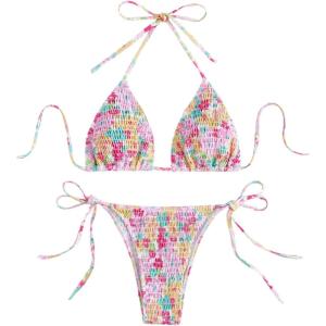 imageMakeMeChic Womens Halter Tie Side Triangle High Cut Bikini Set Bathing Suit SwimsuitMulti Floral