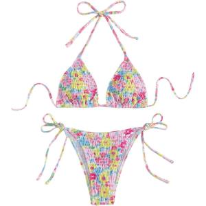 imageMakeMeChic Womens Halter Tie Side Triangle High Cut Bikini Set Bathing Suit SwimsuitMulticolor Floral