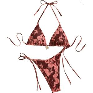 imageMakeMeChic Womens Halter Tie Side Triangle High Cut Bikini Set Bathing Suit SwimsuitMulticolored Floral