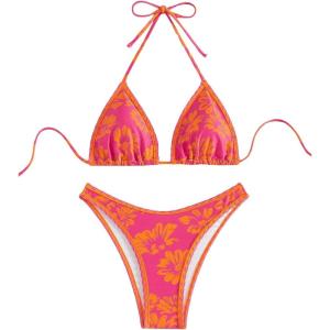 imageMakeMeChic Womens Halter Tie Side Triangle High Cut Bikini Set Bathing Suit SwimsuitOrange