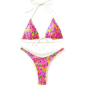 imageMakeMeChic Womens Halter Tie Side Triangle High Cut Bikini Set Bathing Suit SwimsuitPink Multi