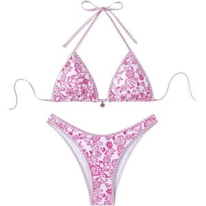 imageMakeMeChic Womens Halter Tie Side Triangle High Cut Bikini Set Bathing Suit SwimsuitPink White