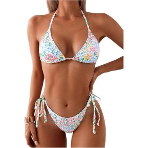 imageMakeMeChic Womens Halter Tie Side Triangle High Cut Bikini Set Bathing Suit SwimsuitPrinted Floral Multi