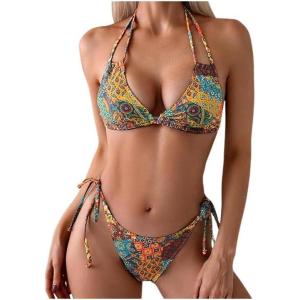 imageMakeMeChic Womens Halter Tie Side Triangle High Cut Bikini Set Bathing Suit SwimsuitRandom Print
