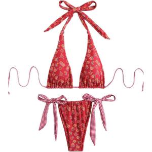 imageMakeMeChic Womens Halter Tie Side Triangle High Cut Bikini Set Bathing Suit SwimsuitRed