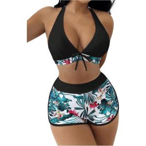 imageMakeMeChic Womens Halter Top Floral Swim Shorts Bikini Set 2 Piece Swimsuit Bathing SuitBlack Multi