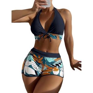 imageMakeMeChic Womens Halter Top Floral Swim Shorts Bikini Set 2 Piece Swimsuit Bathing SuitMulti Black