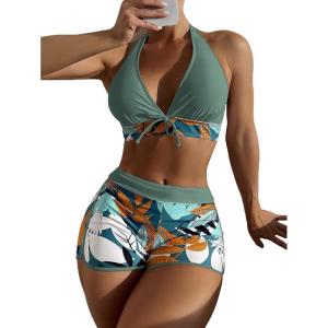 imageMakeMeChic Womens Halter Top Floral Swim Shorts Bikini Set 2 Piece Swimsuit Bathing SuitMulti Green
