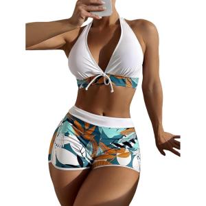 imageMakeMeChic Womens Halter Top Floral Swim Shorts Bikini Set 2 Piece Swimsuit Bathing SuitMulti White