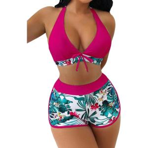 imageMakeMeChic Womens Halter Top Floral Swim Shorts Bikini Set 2 Piece Swimsuit Bathing SuitMulticolored a