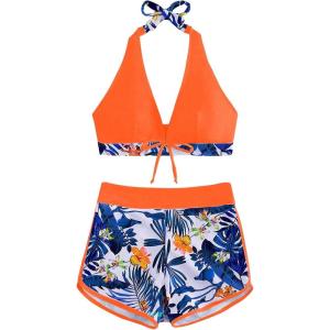 imageMakeMeChic Womens Halter Top Floral Swim Shorts Bikini Set 2 Piece Swimsuit Bathing SuitOrange Multicolor
