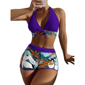 imageMakeMeChic Womens Halter Top Floral Swim Shorts Bikini Set 2 Piece Swimsuit Bathing SuitPurple Floral