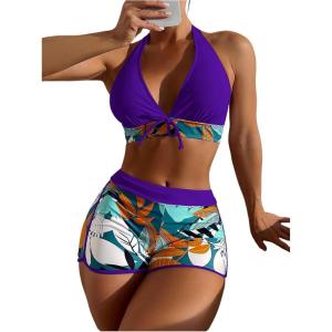 imageMakeMeChic Womens Halter Top Floral Swim Shorts Bikini Set Swimsuit Bathing SuitDark Blue